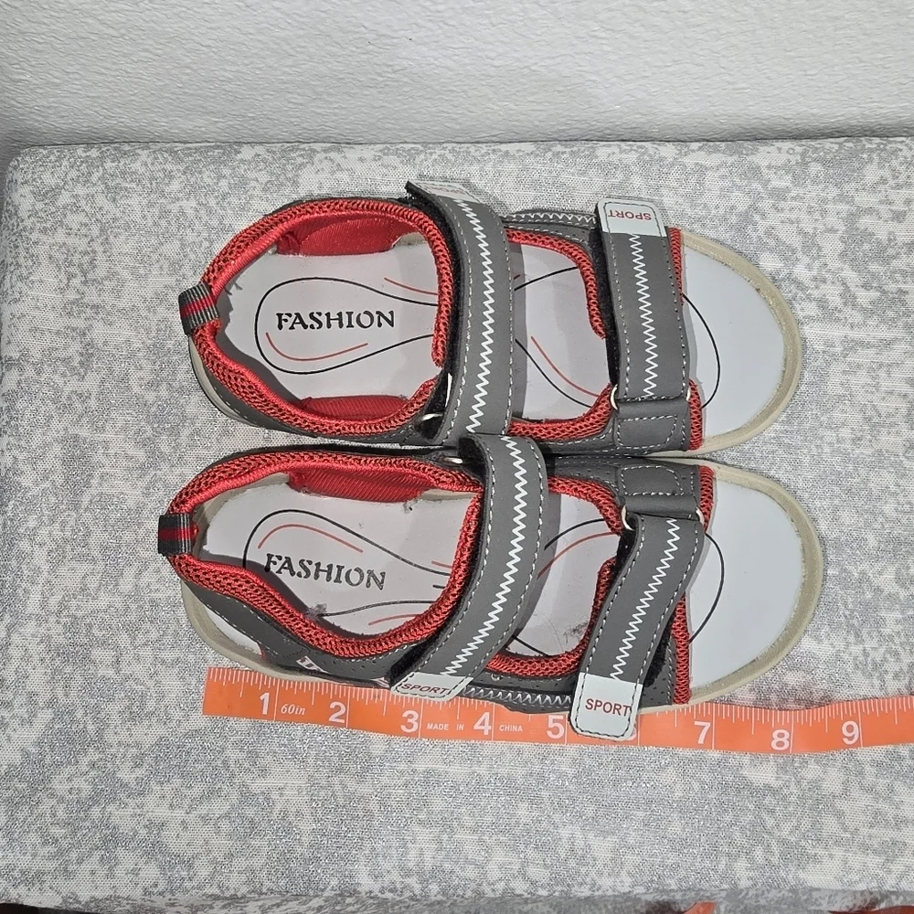 Red and Gray Sandals with Velcro Straps and Cushioned Footbed
